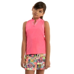 Lucky In Love Birdie Girls Sleeveless Golf Polo -Gofl Clothes Store 20455 NEONPINK648